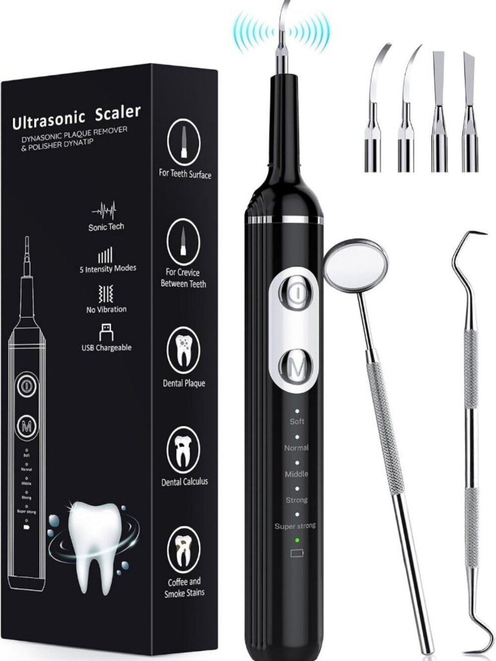 Teeth Plaque Remover Kit with LED Light, 5 Modes, Rechargeable & 4 Heads